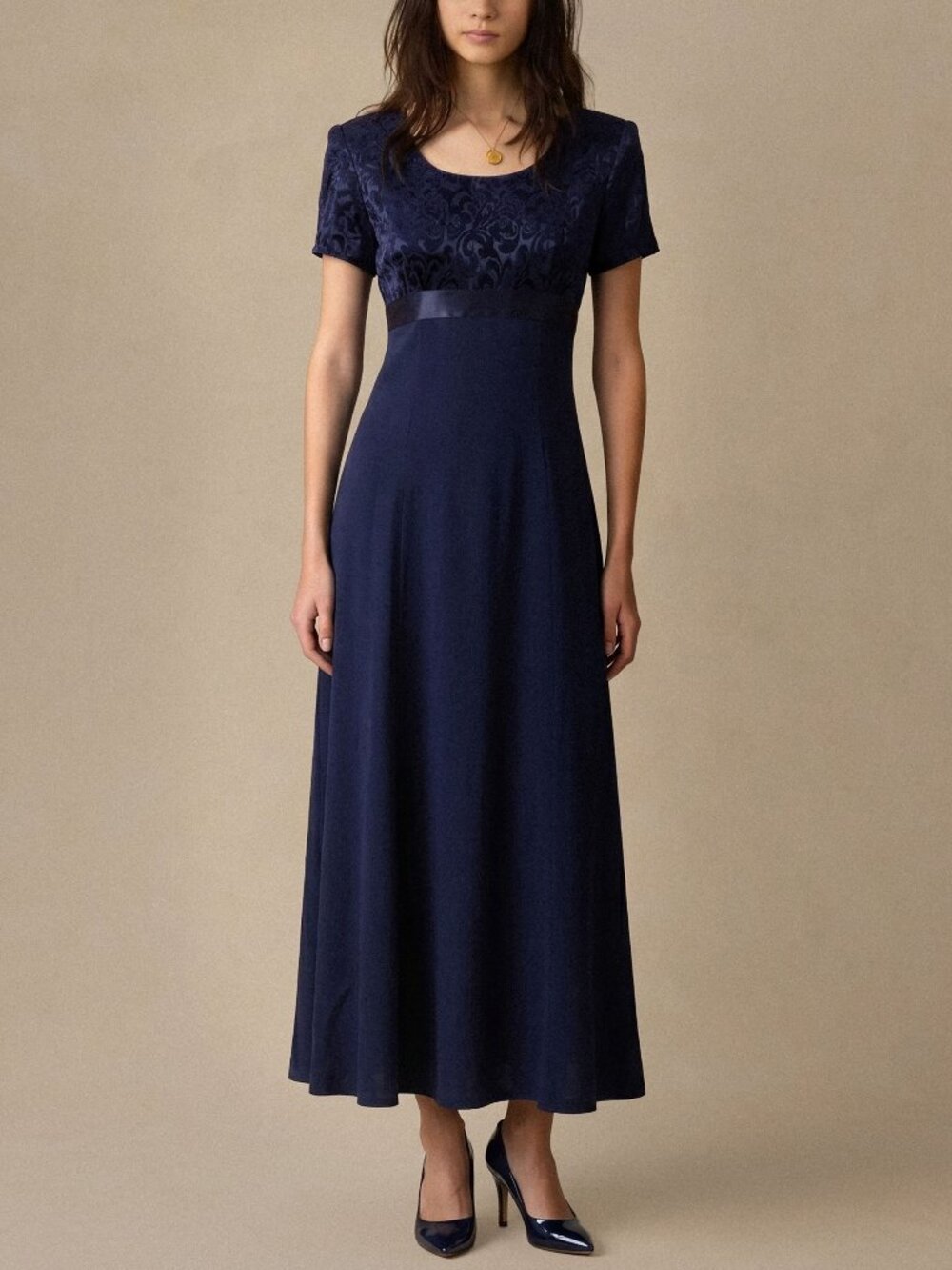 VTG 90s Be Smart Damask Maxi Dress 5/6 Navy Blue Crepe Empire Waist Prom Formal